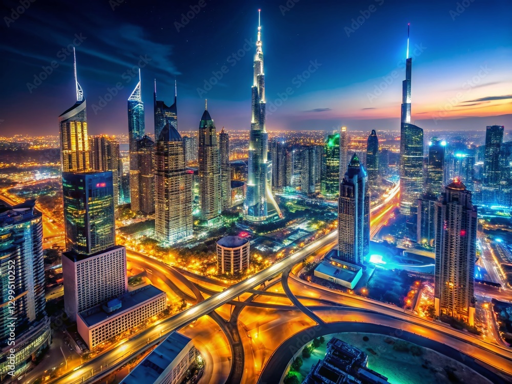 Fototapeta premium Dubai Night Skyline: Aerial View of Illuminated Skyscrapers with Bokeh