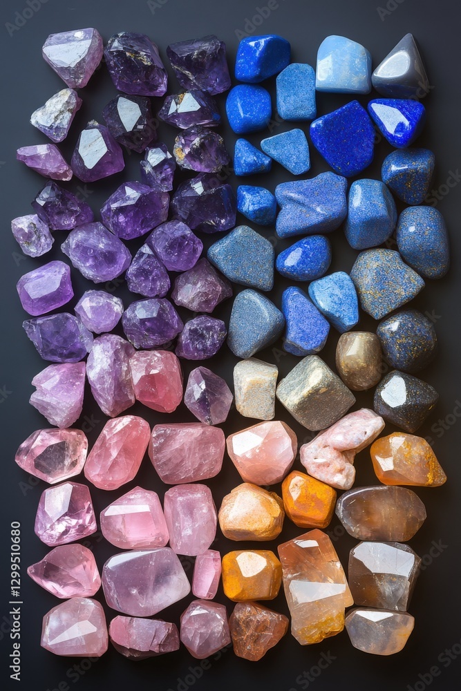 Display of gemstones arranged in a gradient from deep blue to soft pink hues Display of gemstones arranged in a gradient from deep blue to soft pink hues