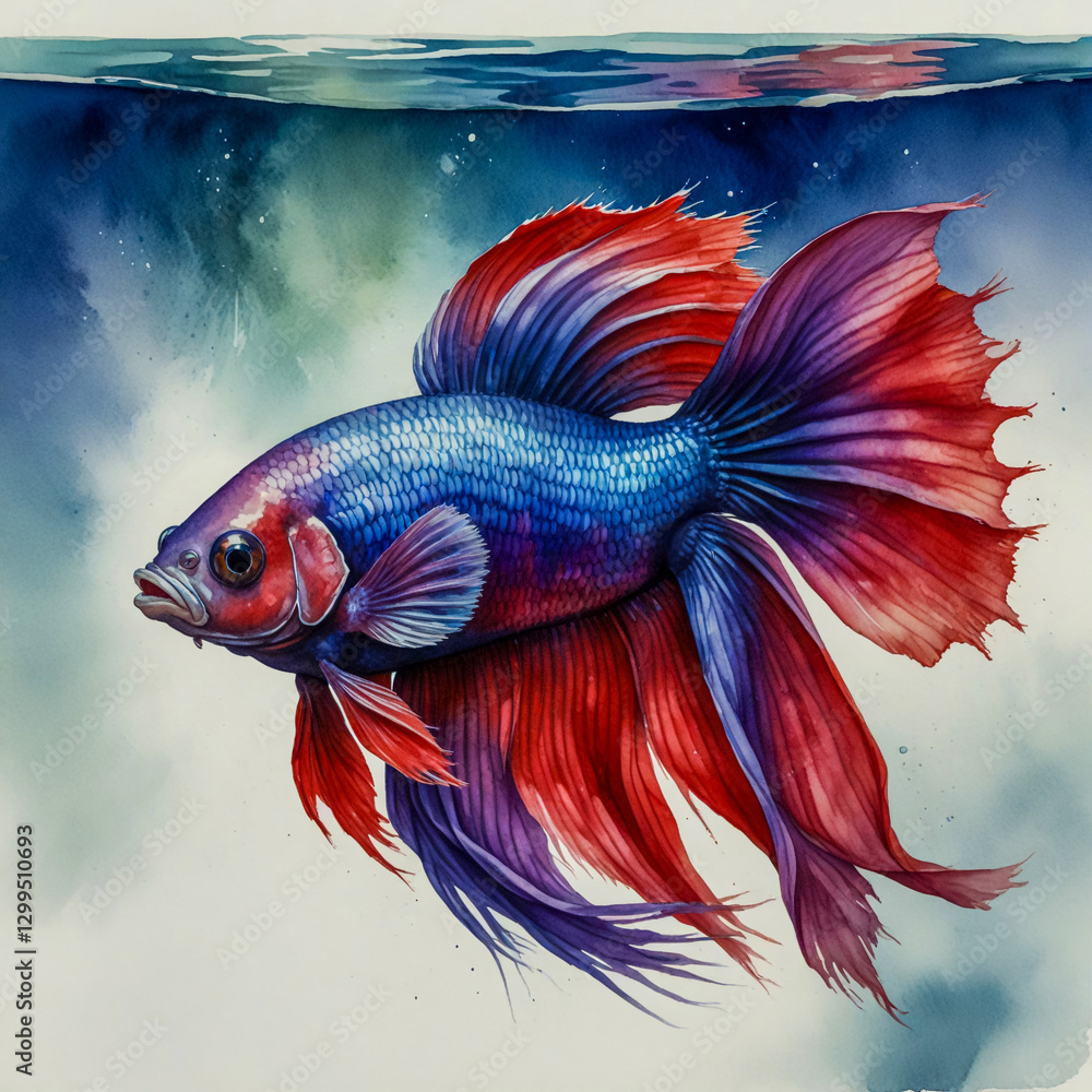 Fototapeta premium Watercolor Illustration of two Betta Fish in a Thai Freshwater Stream