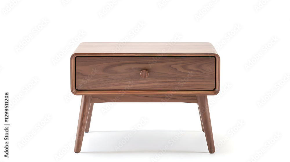 A wooden nightstand with a drawer sits on a white background A wooden nightstand with a drawer sits on a white background