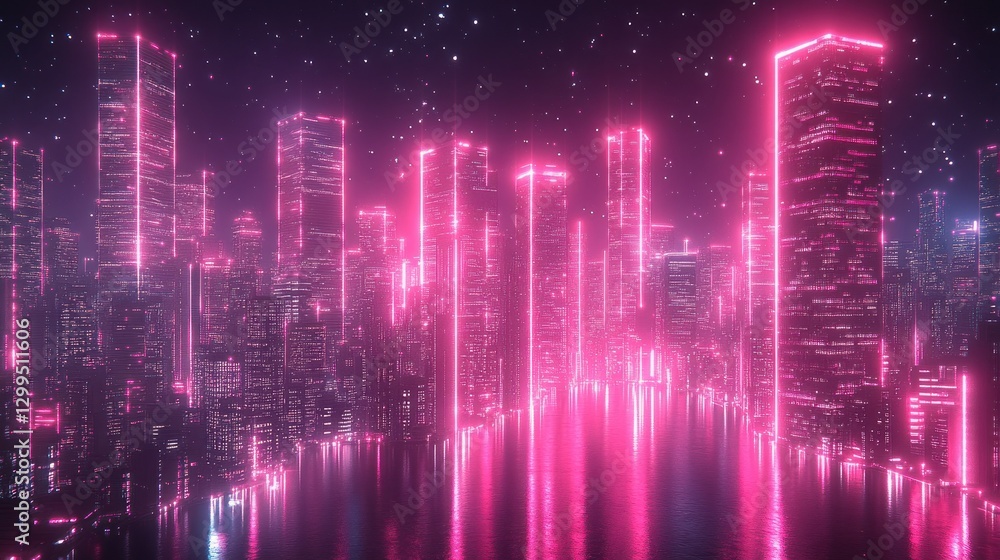 Neon pink city skyline at night reflecting on water Neon pink city skyline at night reflecting on water