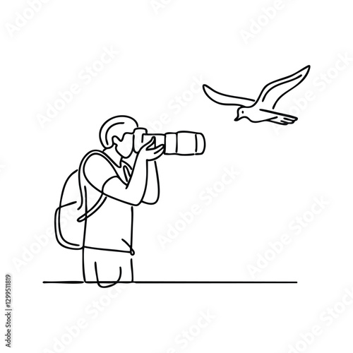 A photographer use telephoto lens capturing a bird in flight from afar