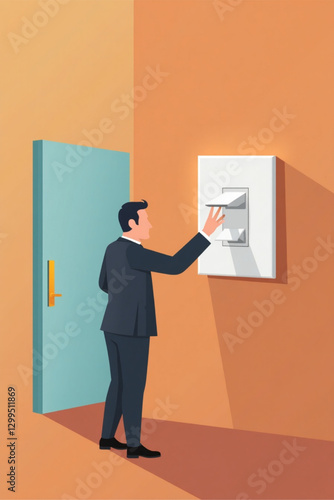 Switching Off Business: Businessman Turning Off Switch, Metaphor for Energy Saving or Bankruptcy and Closure