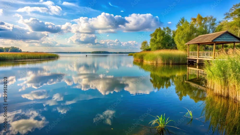 Obraz premium Serene lake shore at Ruhiges Seeufer am Scharm?tzelsee in Brandenburg with lush reed beds and a covered sky, german lakes, brandenburg