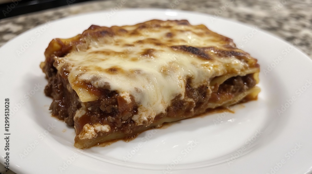 Lasagna slice melted cheese and rich meat sauce arranged symmetrically on a white plate Lasagna slice melted cheese and rich meat sauce arranged symmetrically on a white plate