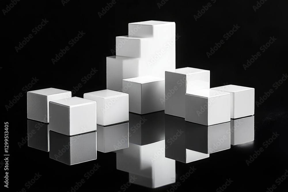 Abstract arrangement of white cubes forming a geometric structure, reflected on a black surface. Abstract arrangement of white cubes forming a geometric structure, reflected on a black surface.