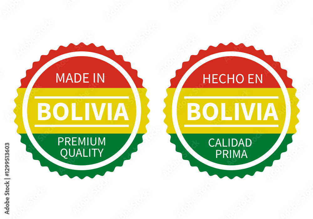 Made in Bolivia round labels in English and in Spanish languages. Quality mark vector icon. Perfect for logo design, tags, badges, stickers, emblem, product package, etc.