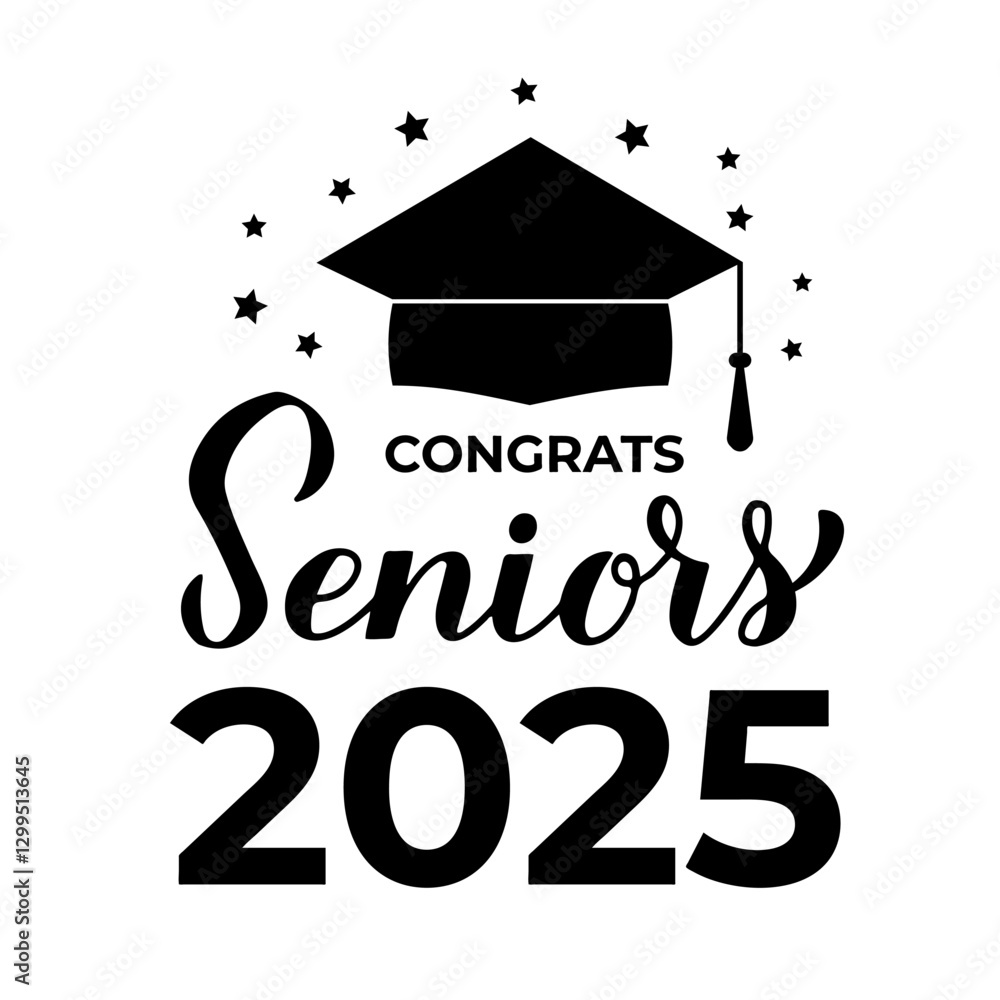 Congrats Seniors 2025 calligraphy lettering with graduation cap isolated on white. Congratulations to graduates typography poster. Vector template for greeting card, banner, sticker, etc.