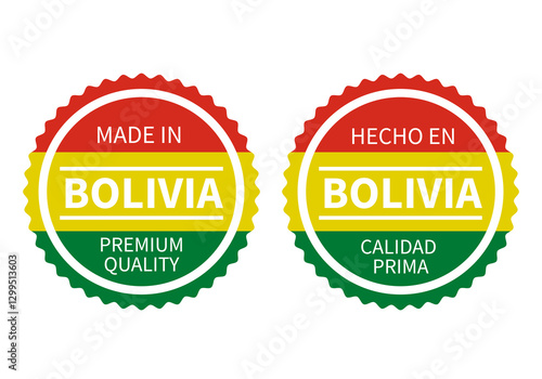 Obraz na płótnie Made in Bolivia round labels in English and in Spanish languages. Quality mark vector icon. Perfect for logo design, tags, badges, stickers, emblem, product package, etc. w salonie