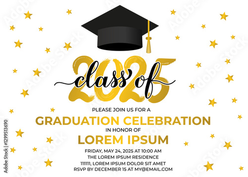 Graduation party invitation card template. Graduation celebration announcement. Class of 2025 vector illustration.
