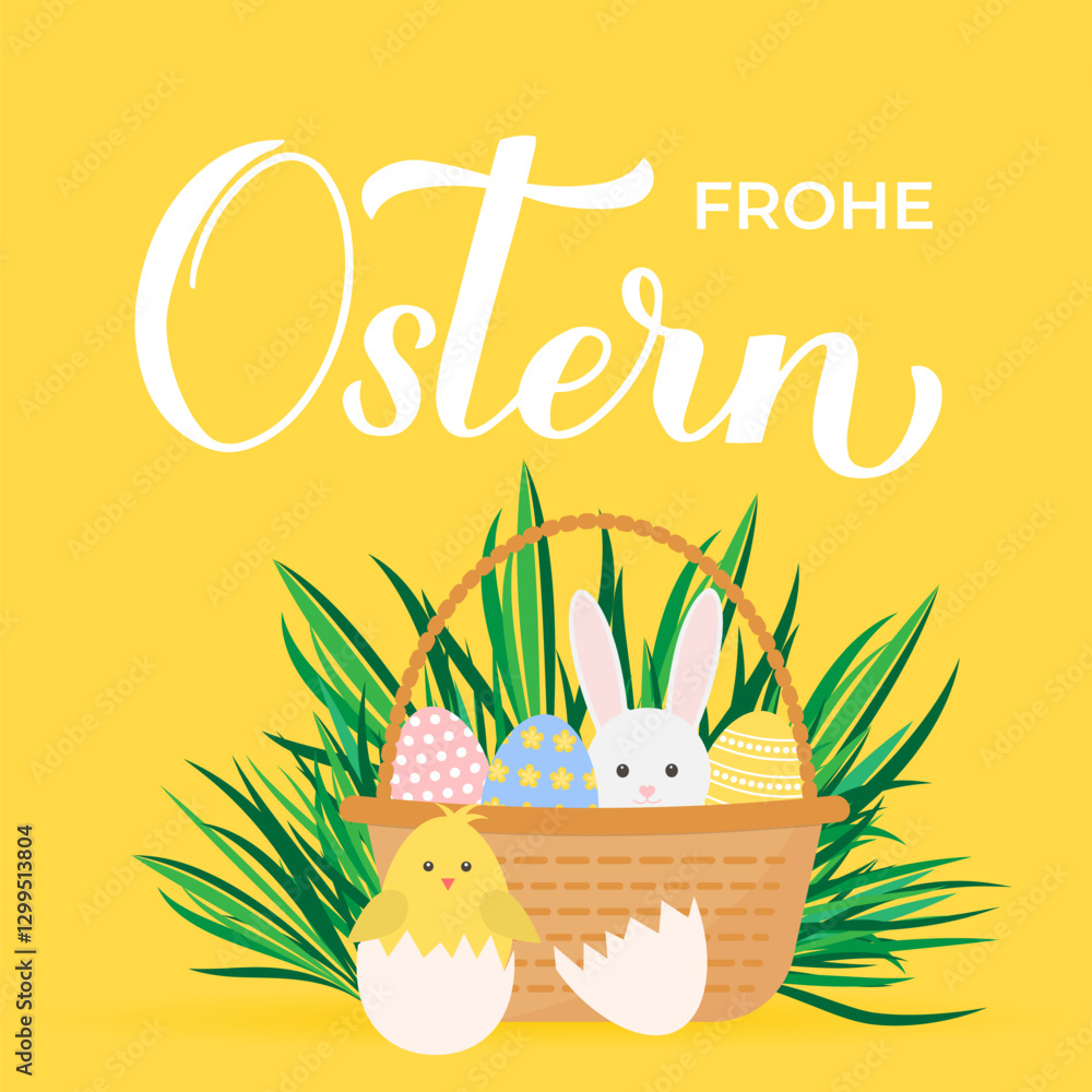 Happy Easter calligraphy lettering in German language. Basket of eggs, bunny and cute cartoon chicken. Easter celebration greeting card. Vector illustration.