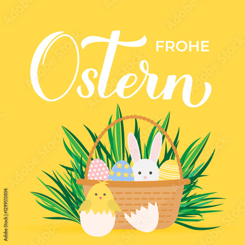 Obraz na płótnie Happy Easter calligraphy lettering in German language. Basket of eggs, bunny and cute cartoon chicken. Easter celebration greeting card. Vector illustration. w salonie