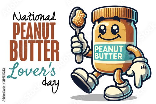 National Peanut Butter Lover's Day. Fun cartoon illustration of a peanut butter jar holding a spoon in retro style. Holiday concept. Template for background, banner, card, poster with text inscription