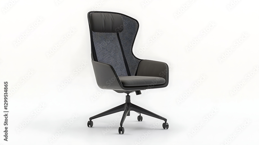 A black and white chair with a mesh back and a grey cushion A black and white chair with a mesh back and a grey cushion