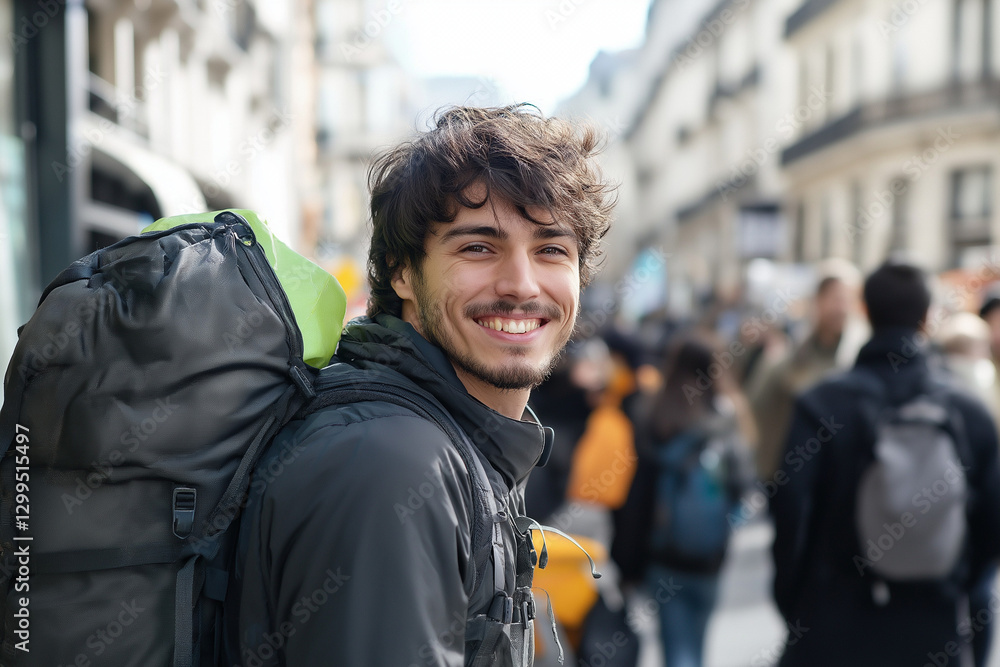 Smiling young man with backpack in city Smiling young man with backpack in city