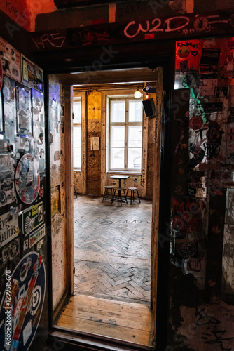 Photography vertical Exploring Budapest ruin bars: doorway revealing vintage charm and urban