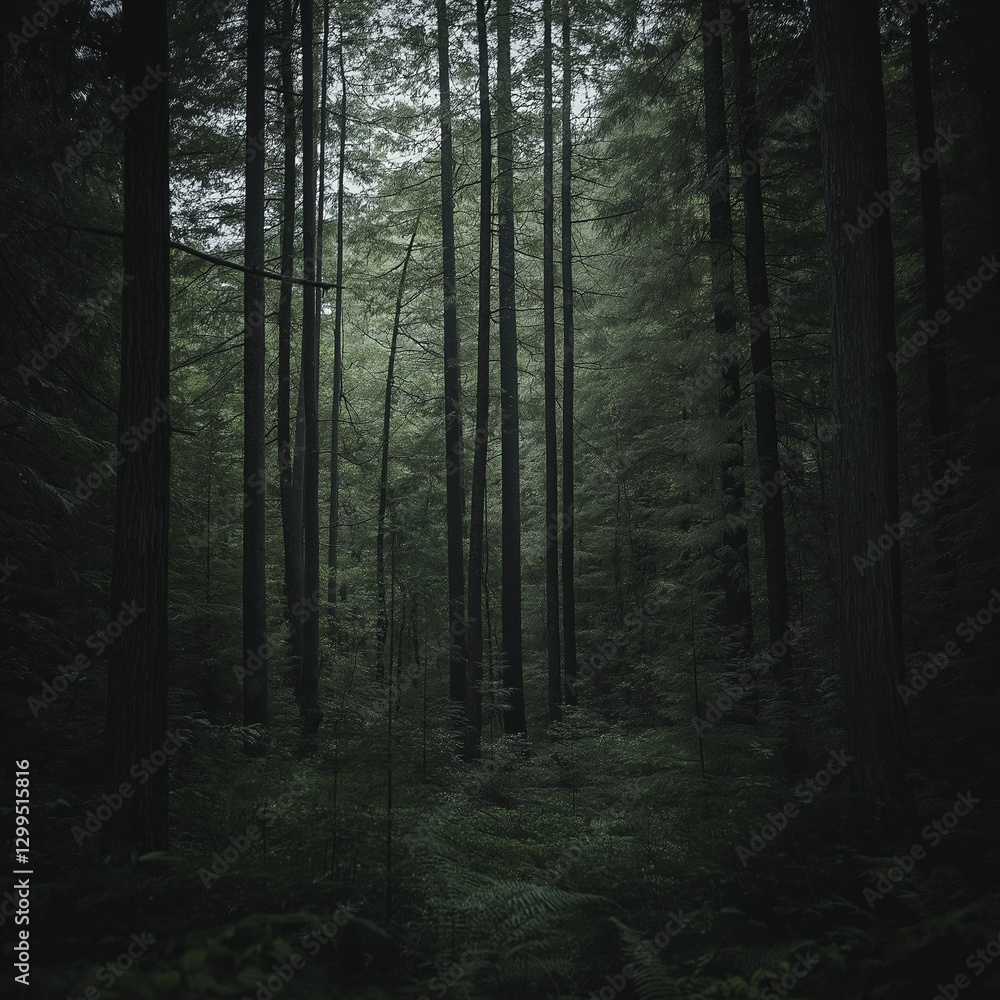 Fototapeta premium Deep in the woods, tall trees create a mysterious, shadowy atmosphere.