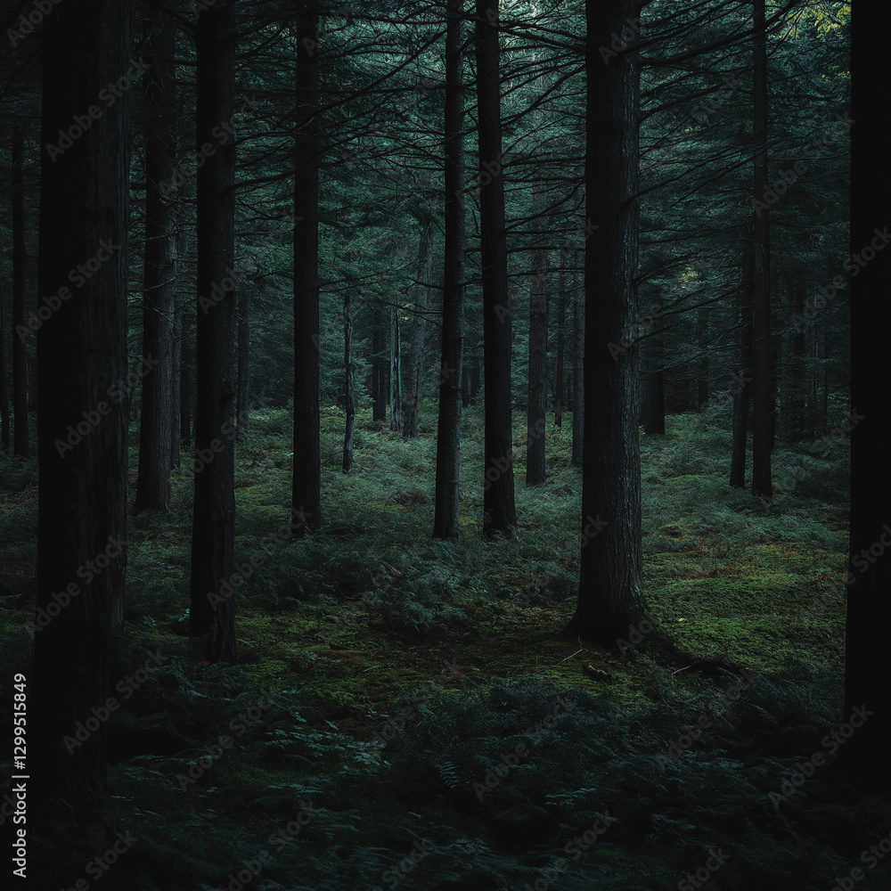 Fototapeta premium Moody forest scene with tall trees and lush green undergrowth.