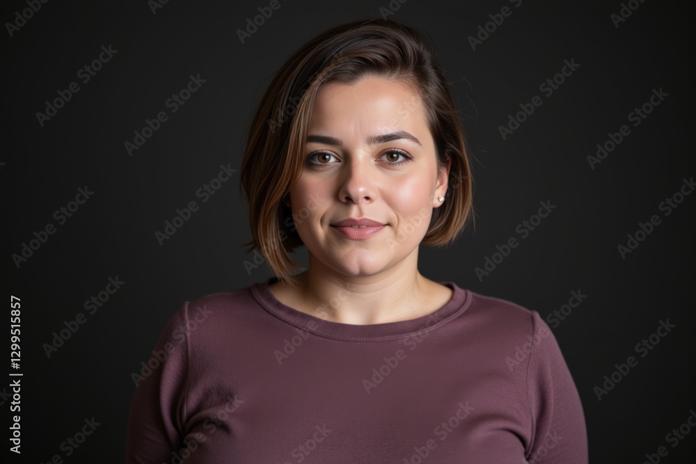 A Confident Young Woman with Short Brown Hair, Wearing a Purple Top, Posed Against a Dark Background, Exuding Professionalism and Poise A Confident Young Woman with Short Brown Hair, Wearing a Purple Top, Posed Against a Dark Background, Exuding Professionalism and Poise