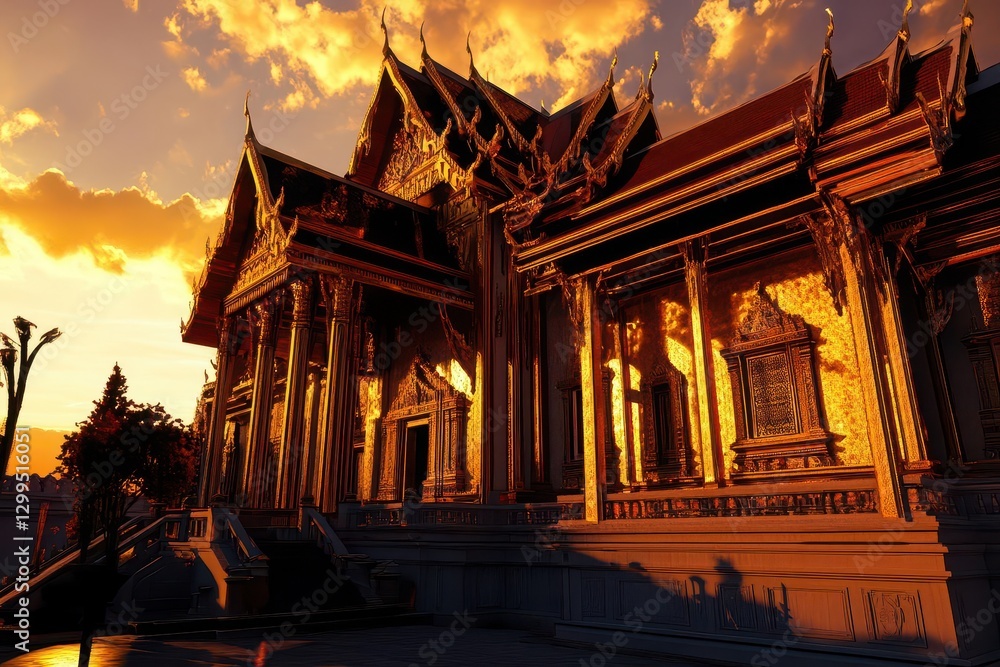 Fototapeta premium Ornate Golden Temple Radiating Sacred Heritage in Lush Bangkok Cityscape at Twilight Under Divine Skies
