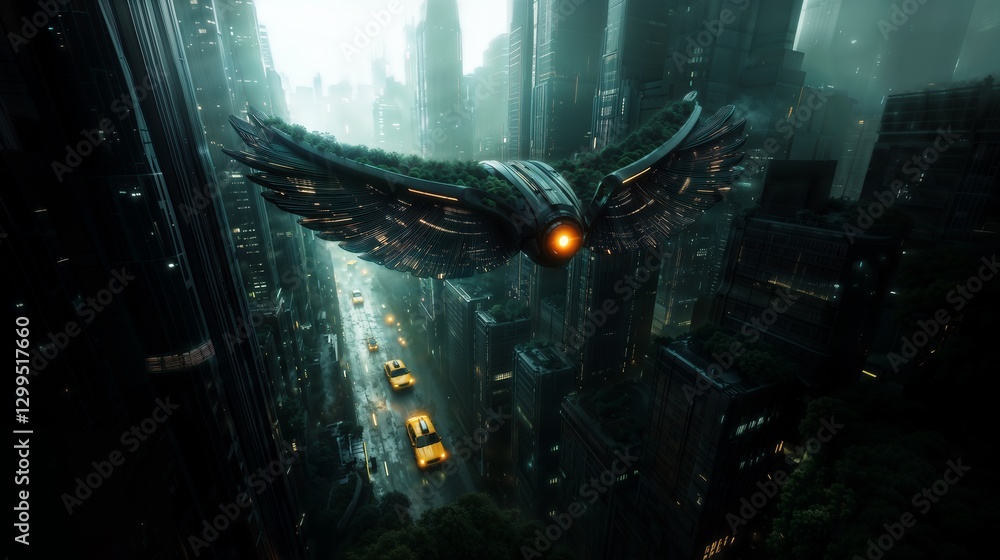 Naklejka premium Futuristic Artificial Owl Flying Over Nighttime Urban Cityscape with Neon Lights
