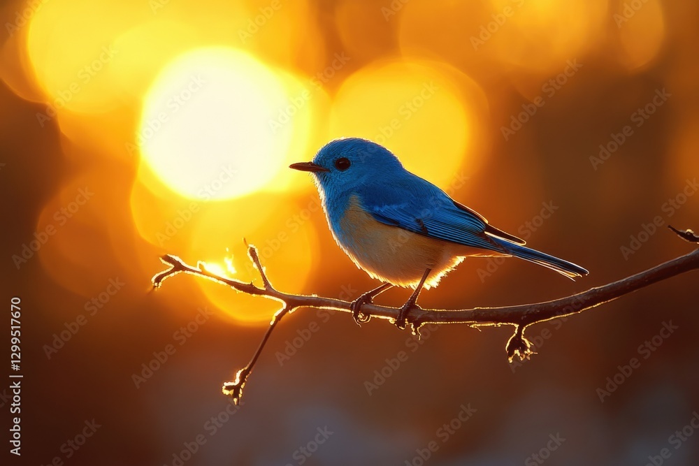 A vibrant blue bird perches on a branch, silhouetted against a warm, golden sunset. A vibrant blue bird perches on a branch, silhouetted against a warm, golden sunset.