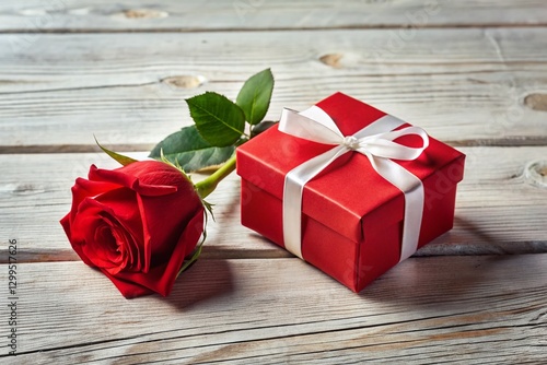 Elegant Red Gift Box with Rose & White Ribbon Bow on Rustic Wood