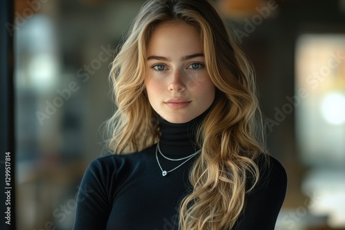Wallpaper Mural A young woman with long blonde wavy hair, freckles, and blue eyes, wearing a black turtleneck. Torontodigital.ca