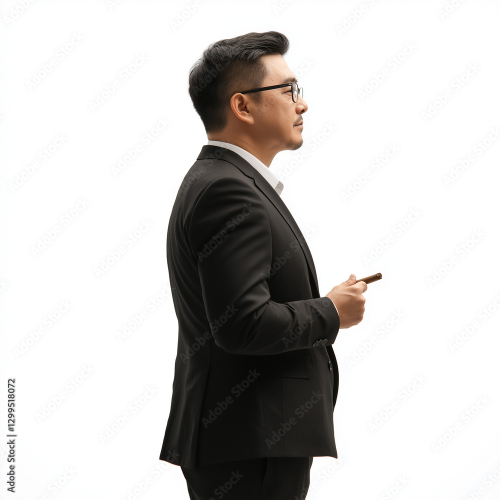Asian businessman in profile, holding a cigar, thoughtfully gazing into the distance. Asian businessman in profile, holding a cigar, thoughtfully gazing into the distance.