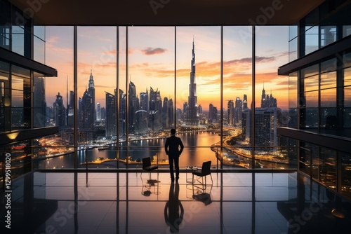 Man looks at Dubai skyline from an office at sunset. Use inspiration, planning, business plan