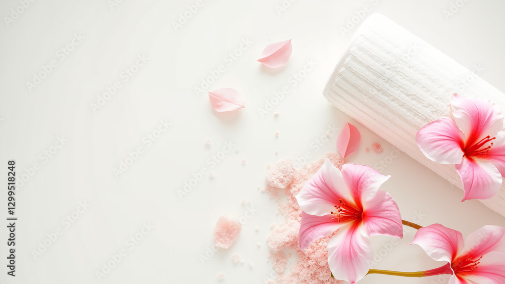 A calm spa scene with pink bath salts, a loofah and pink flowers. Ideal for wellness and relaxation concepts.