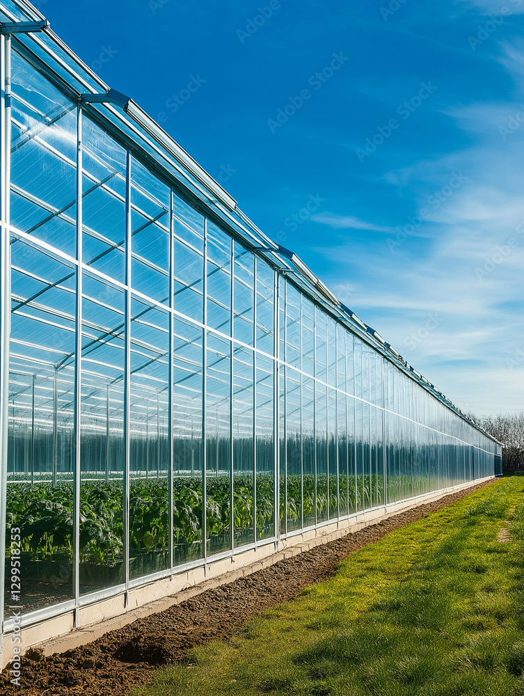 Obraz premium Modern greenhouse filled with plants under a bright blue sky.