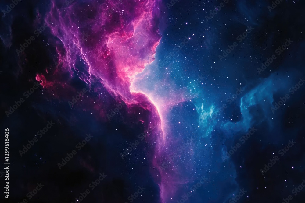 Fototapeta premium A breathtaking cosmic landscape of vibrant pink and blue nebulae, scattered with countless stars in a dark expanse.