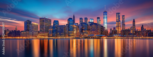 Stunning sunset view of the city skyline. Skyscrapers reflecting on calm water.