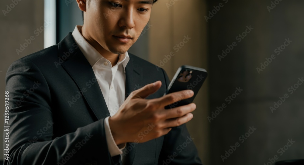Asian young adult male using smartphone in business attire Asian young adult male using smartphone in business attire