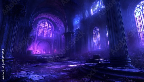 Gothic Cathedral Ruins, Purple Glow, Empty