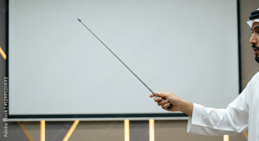 Asian male adult presenting with pointer in front of projection screen Asian male adult presenting with pointer in front of projection screen