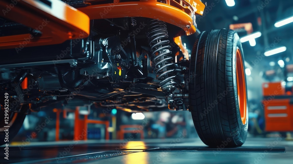 Fototapeta premium Expert Auto Repair Specialist Inspecting Car Suspension in a Cutting Edge Service Center Emphasizing Precision and Modern Engineering