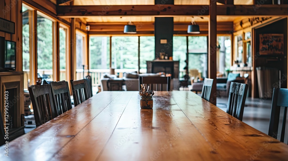 A farmhouse-style rectangular dining table in a cozy rustic home. A farmhouse-style rectangular dining table in a cozy rustic home.