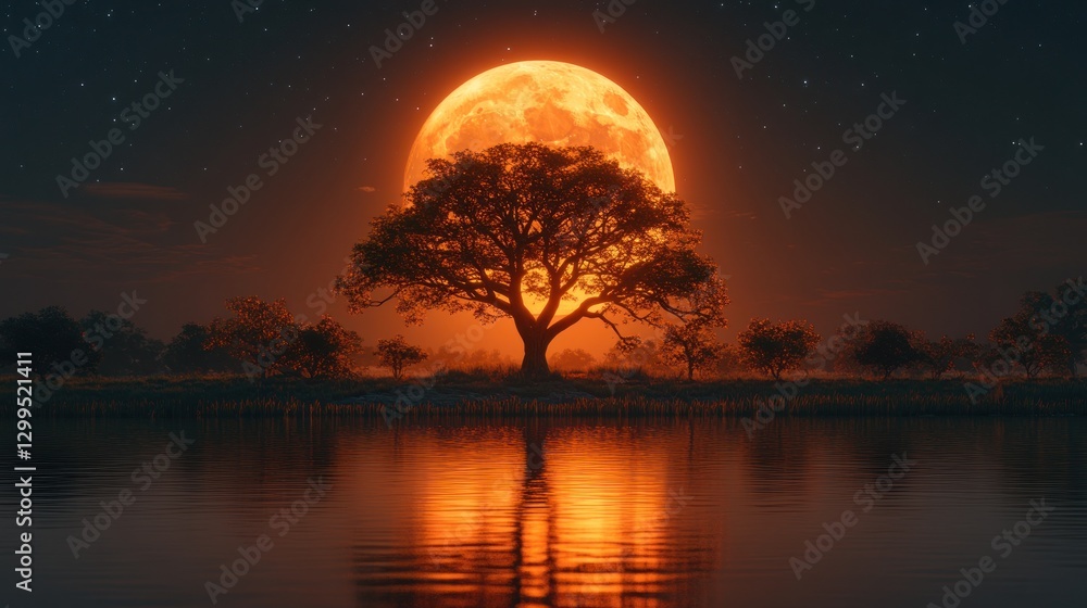Naklejka premium Night, Red Moon, Tree, Lake, Reflection