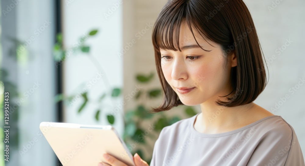 Asian female adult using digital tablet in relaxed home environment Asian female adult using digital tablet in relaxed home environment