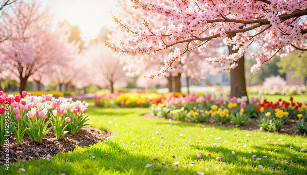 Naklejka premium Blossoming cherry trees and colorful tulips in spring garden