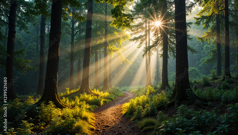 Obraz premium Sunlight filtering through trees in serene forest