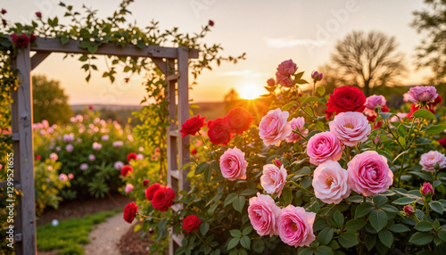Beautiful blooming roses in garden at sunset