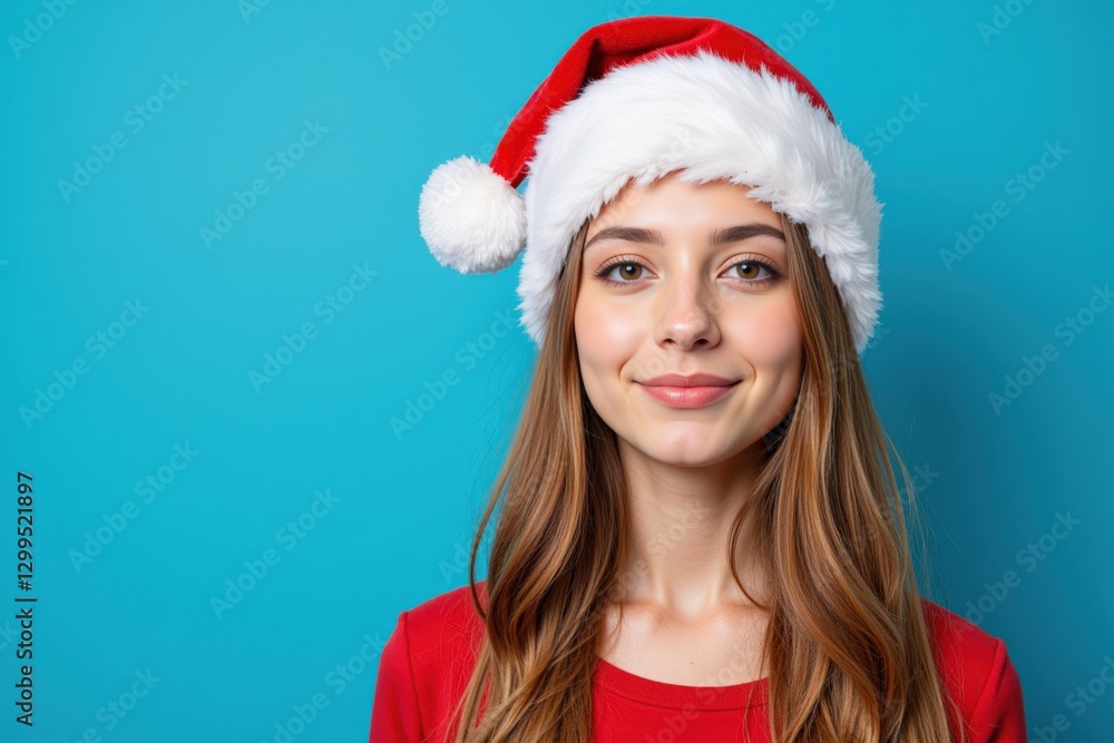 Cheerful Young Woman with Long Brown Hair Wearing a Santa Hat and Red Dress Against a Bright Blue Background, Embracing the Holiday Spirit with a Warm Smile Cheerful Young Woman with Long Brown Hair Wearing a Santa Hat and Red Dress Against a Bright Blue Background, Embracing the Holiday Spirit with a Warm Smile