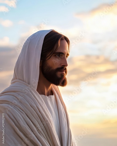 Serene Portrait of Jesus Christ Draped in a Pristine White Robe Set Against a Vast, Luminous Sky Emitting a Sense of Divine Calm and Hope