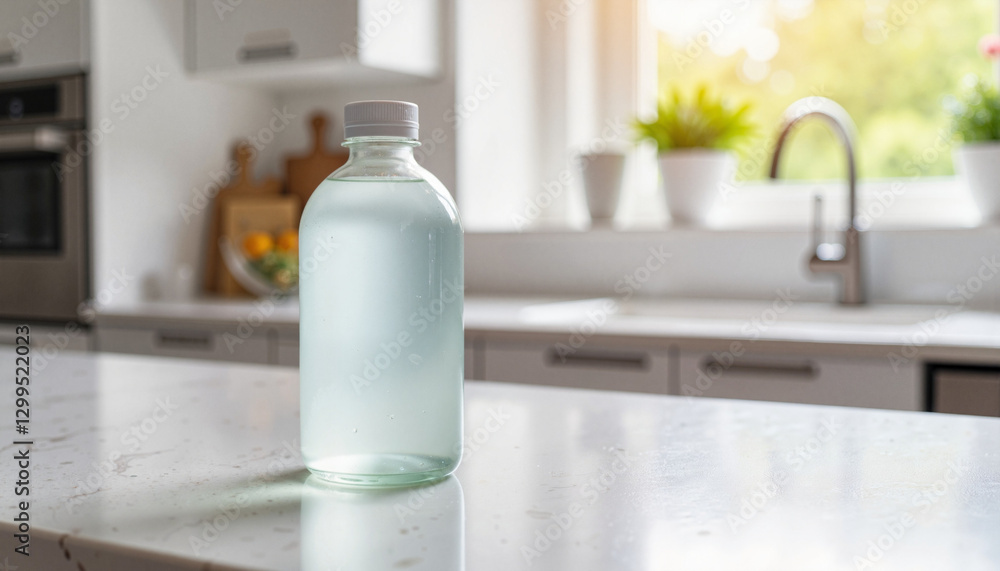 Bottle of water on kitchen countertop