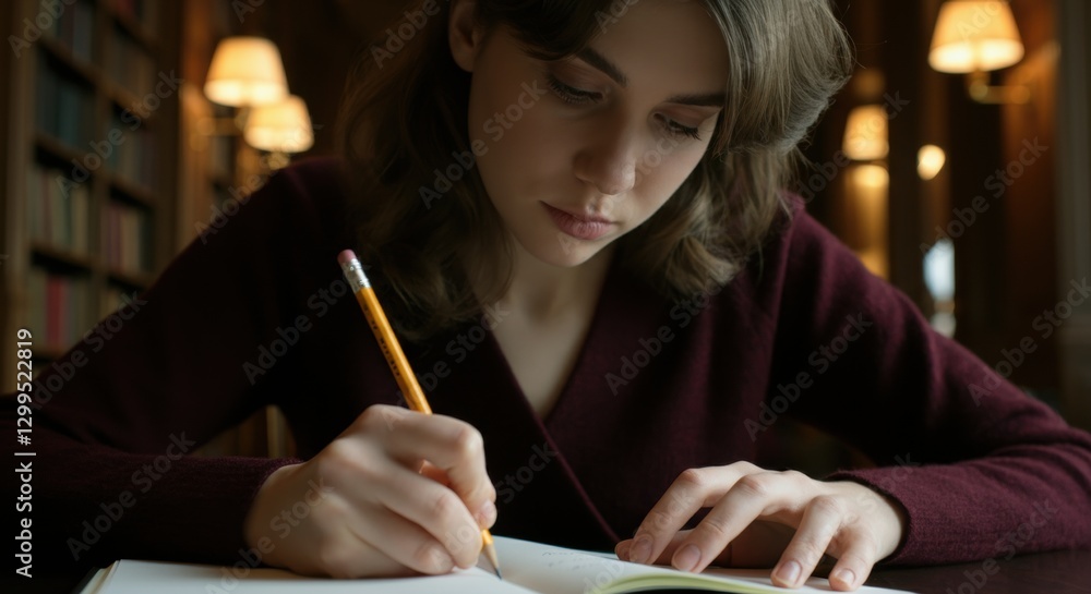 Young caucasian female writing in notebook at cozy library Young caucasian female writing in notebook at cozy library