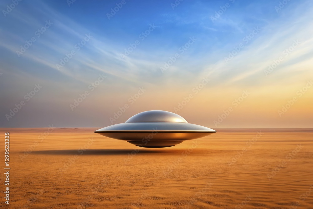 Sleek metallic UFO hovers silently above endless desert under vivid sunset sky. Sleek metallic UFO hovers silently above endless desert under vivid sunset sky.