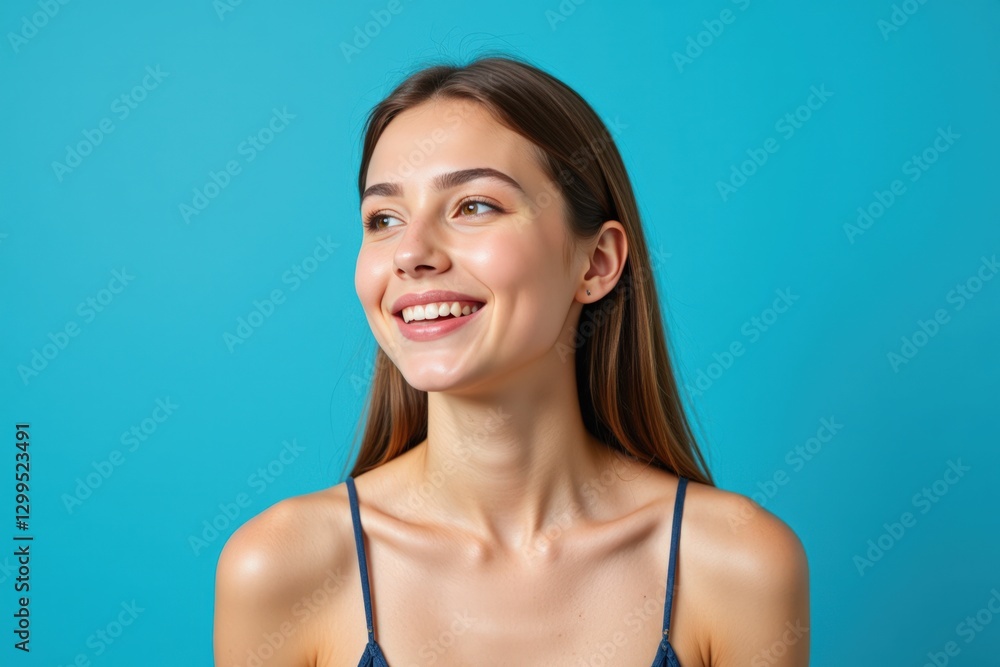 A Cheerful Young Woman with Long Brown Hair and Smooth Skin Posing Against a Bright Blue Background, Radiating Positivity and Confidence A Cheerful Young Woman with Long Brown Hair and Smooth Skin Posing Against a Bright Blue Background, Radiating Positivity and Confidence